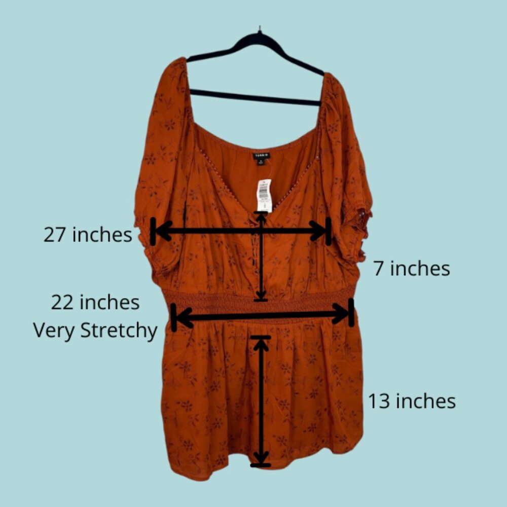 NWT Torrid Georgette Eyelet Smoked Waist Puff Sleeve Brown Peplum Top Size4 (26) - Picture 4 of 8